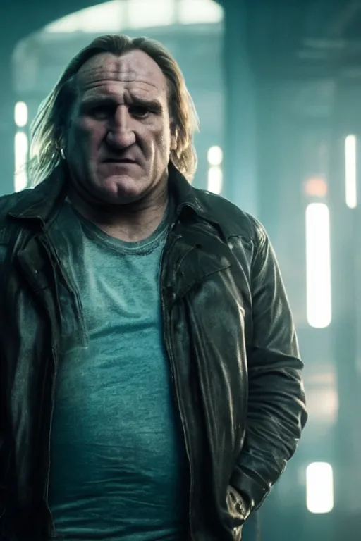 Image similar to a still of Gerard Depardieu in the movie Cyberpunk 2077 (2022), Nostromo, 4k, HD, high quality,