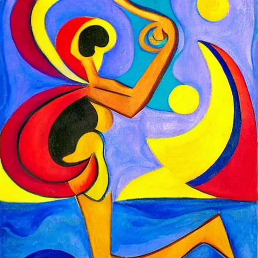 Image similar to woman dancing with a triskele by the ocean while the waves crash on the seashore, high quality art in the style of cubism and geogia o keefe