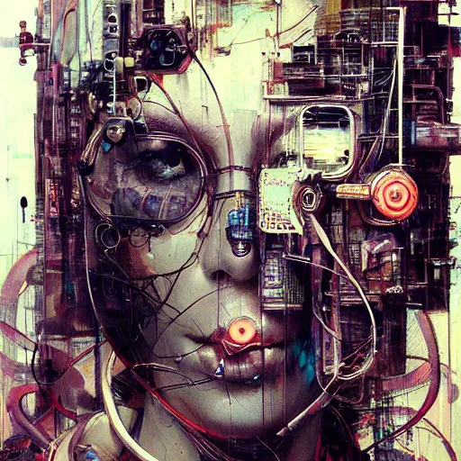 Image similar to cyberpunk portrait, wires, machines, in the style of adrian ghenie, esao andrews, jenny saville,, surrealism, dark art by james jean, takato yamamoto