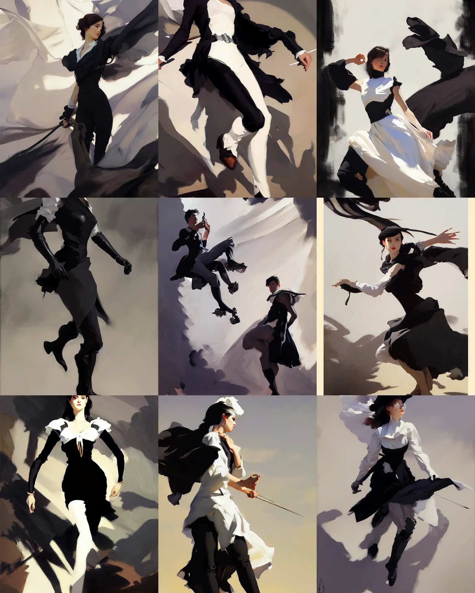 Image similar to black white cloth fabric jodhpurs greg manchess painting by sargent and leyendecker, studio ghibli, fantasy, medium shot, asymmetrical, intricate, elegant, matte painting, illustration, hearthstone, by greg rutkowski, by greg tocchini, by james gilleard, by joe fenton