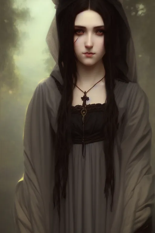 Prompt: a portrait of a beautiful dark hair waif girl gothic, bored, illustration, soft lighting, soft details, painting oil on canvas by Edmund Blair Leighton and Charlie Bowater octane render trending on artstation, 4k, 8k, HD