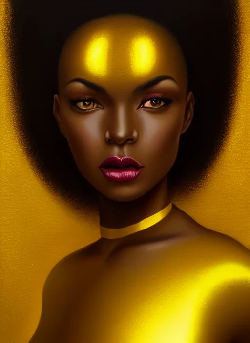 Image similar to a gorgeous black woman oil painting, soft lighting, wearing shiny gold catsuit, illuminated only by floating, glowing alien symbols, realistic, smooth face, perfect eyes, wide angle, sharp focus on eyes, 8 k high definition, insanely detailed, intricate, elegant, art by artgerm, livia prima and wlop