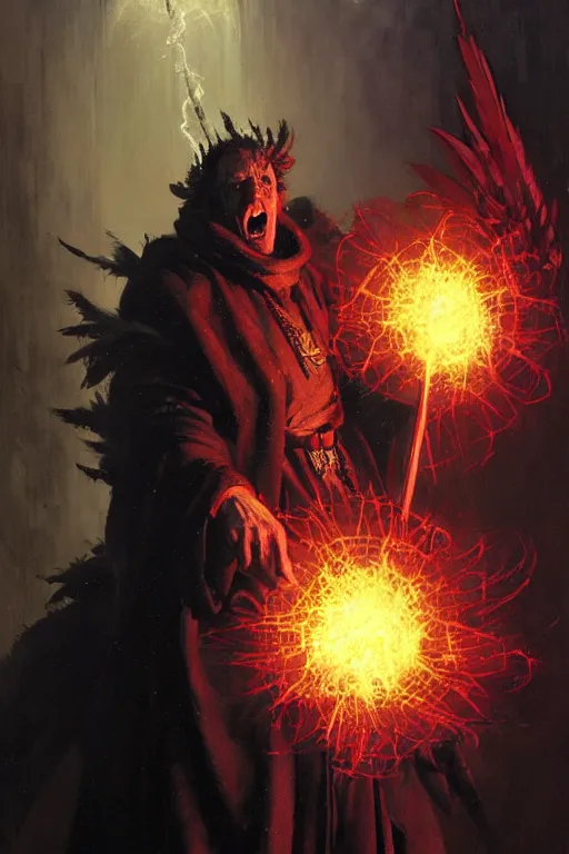 Prompt: crazy, insane old priest in dirty robes, surrounded by a force field of glowing crow feathers, holding a glowing warhammer portrait dnd, painting by gaston bussiere, craig mullins, greg rutkowski, yoji shinkawa