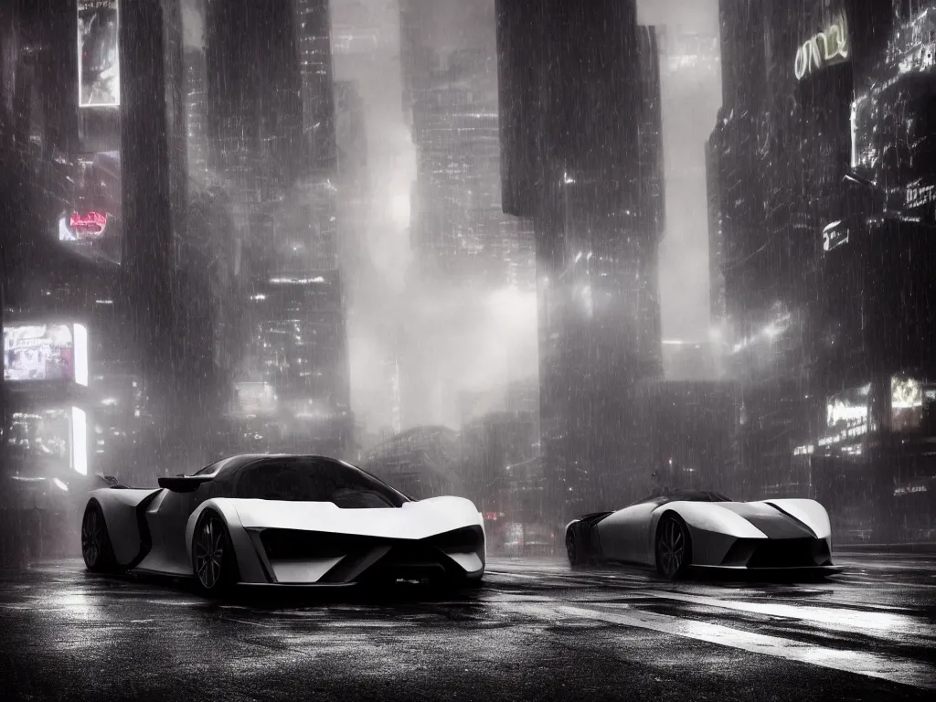 Prompt: telephoto portrait of a Futuristic supercar on wet city streets, mist, dramatic lighting, high contrast, volumetric lighting, octane, cyberpunk