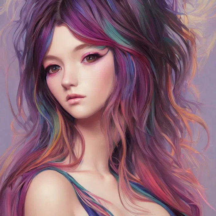 Image similar to portrait of beautiful symmetrical anime girl, rainbow hair, attractive, casual, modern, victoria's secret, highly detailed, digital painting, artstation, concept art, smooth, sharp focus, illustration, art by artgerm, greg rutkowski and alphonse mucha, 8 k,