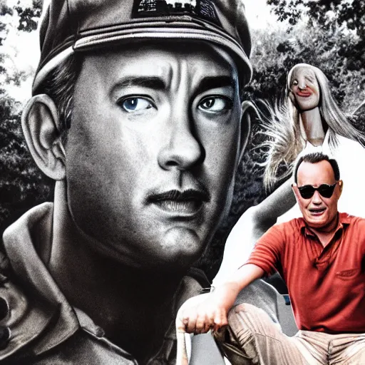 Prompt: Tom Hanks as forrest gump with giant shrimp heads as hands, digital art, photoreailstic, amazing detail