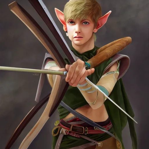 Prompt: a mixed media painting of a young elf archer aiming a bow at the camera close-up, WLOP, pixiv, 8k UHD