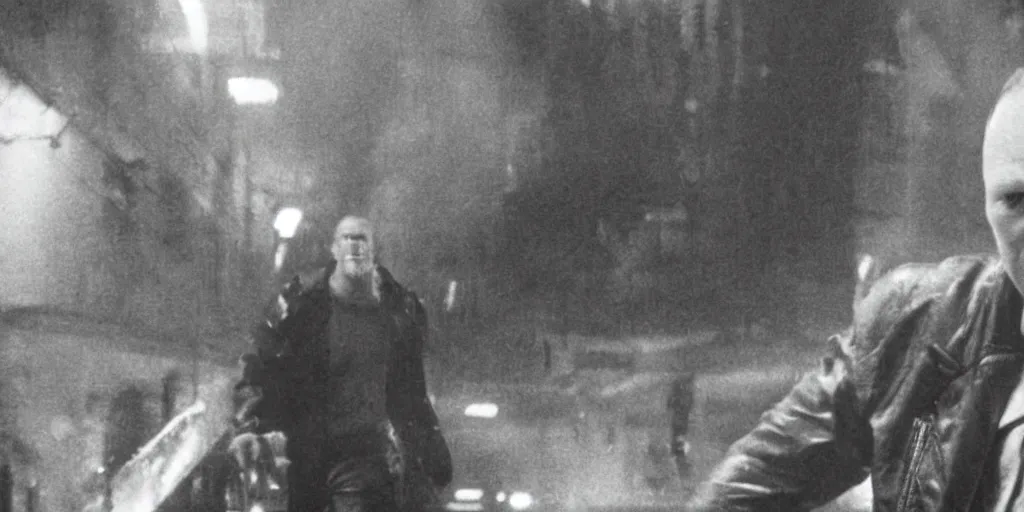 Prompt: a film still of Bill Burr in Blade Runner, high quality