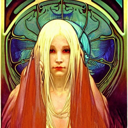 Prompt: portrait of small, rubbery, huge-eyed, big-lipped albino mutant priestess with elaborate white hair by Alphonse Mucha, Beksinski, and Anato Finnstark