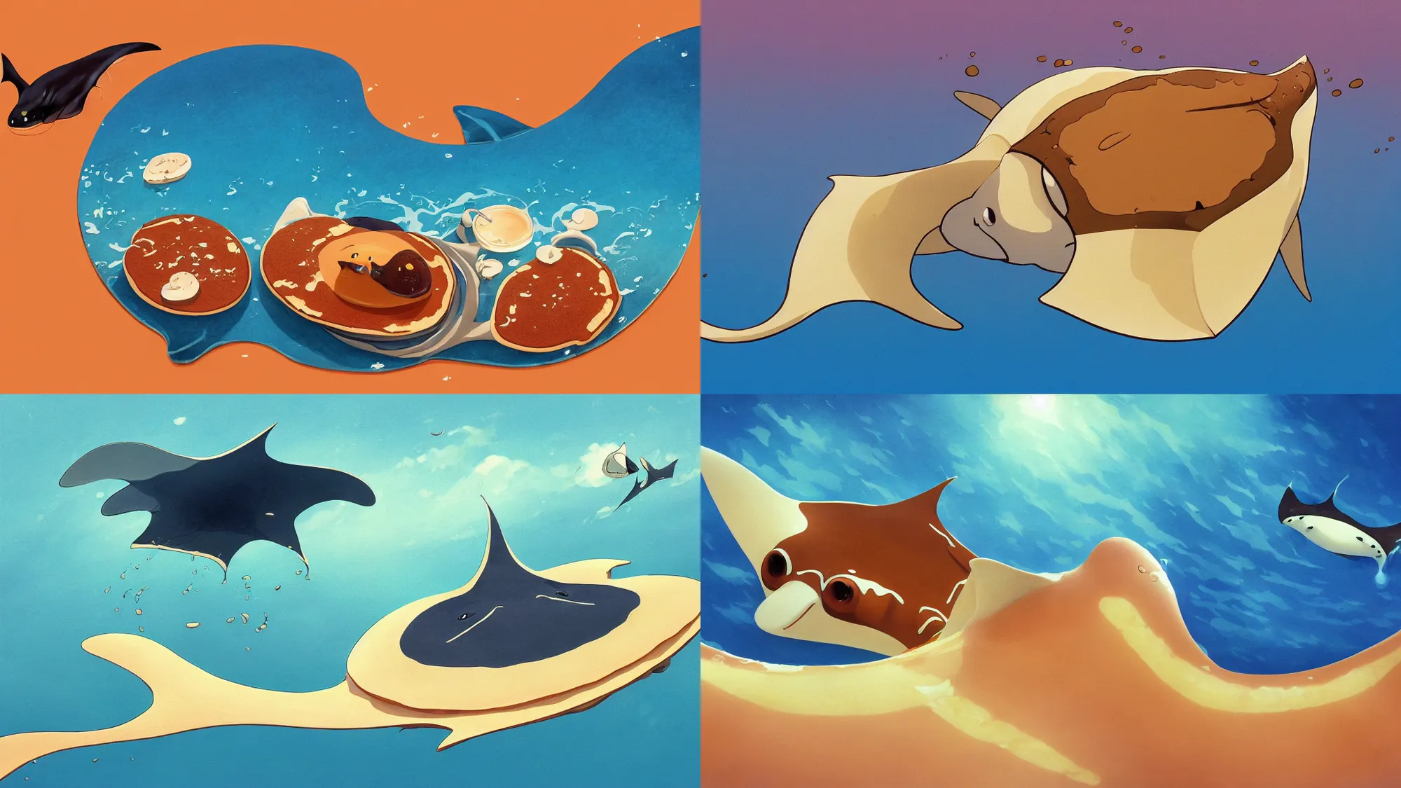 Prompt: painting of a happy flat pancake manta ray swimming in syrup, intricate, cute, 4 k, manta ray made of pancake, fantasy food world, living food adorable pancake, brown atmospheric lighting, by makoto shinkai, studio ghibli, chris moore