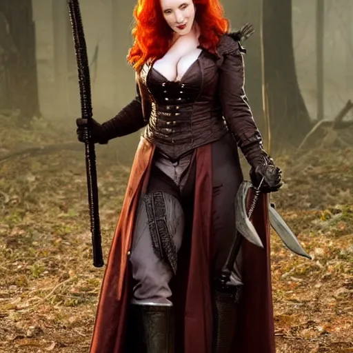 Image similar to full body photo of christina hendricks as a vampire warrior with weapons