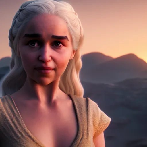 Prompt: Render of Daenerys Targaryen as a 3d Pixar character, golden hour, serene, mid-shot, medium shot, hyperdetailed, trending on Artstation, Unreal Engine 4k