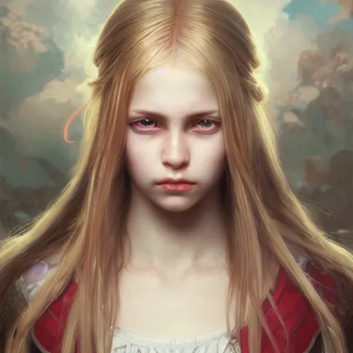 Prompt: portrait of a young girl with blond twin tail hair and red eyes, ultra realistic, concept art, intricate details, eerie, highly detailed, photorealistic, octane render, 8 k, unreal engine. art by artgerm and greg rutkowski and alphonse mucha