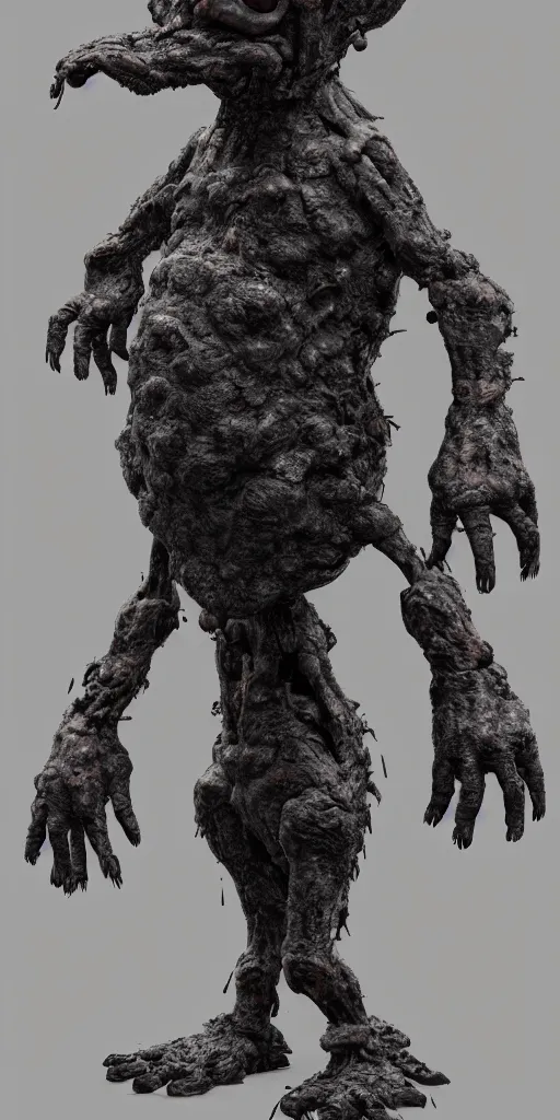 Image similar to Anthropomorphic hunchbacked creature with gray skin in full growth, large claws on the hands, covered with rust and soot, arms, legs and head, a small head without eyes and nose, only a black mouth, artstation, highly detailed, 8k, HD, octane render, post-apocalypse