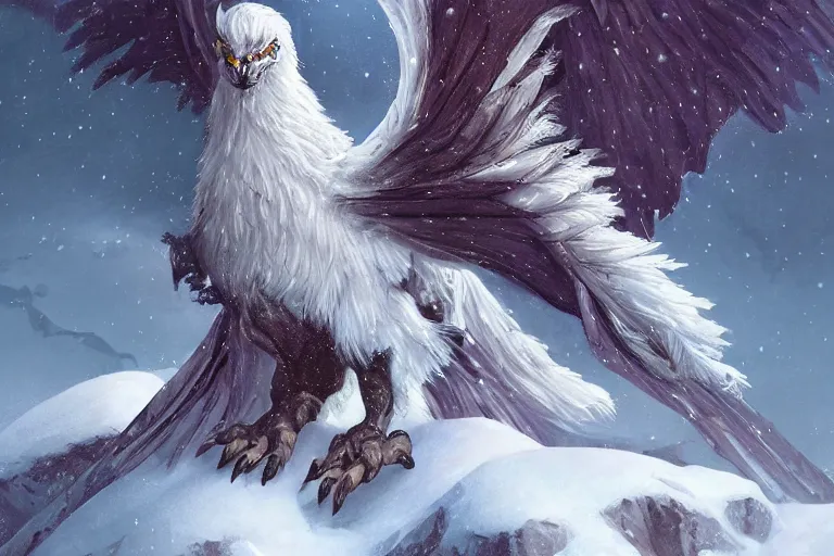 Image similar to Snow gryphon on a beautiful fantasy landscape, mountainside, winter, moonlit, HD, illustration, epic, D&D, fantasy, intricate, elegant, highly detailed, digital painting, artstation, concept art, smooth, sharp focus, illustration, wallpaper, art by artgerm and greg rutkowski and alphonse mucha and jin xiaodi