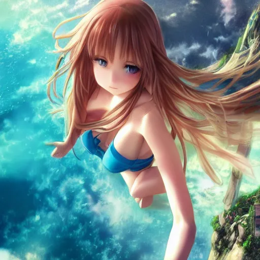 Image similar to seen from above : a giant macro very beautiful young yuuki asuna, full body, long wavy blond hair, sky blue eyes, full round face,, bikini, miniskirt, stepping on a miniature city, cinematic wallpaper by stanley artgerm lau