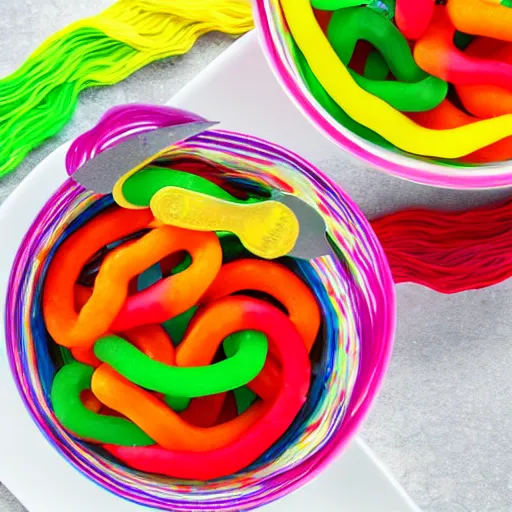 Prompt: gummi worms - branded ramen with gummi worms as the noodles. photography. food photoshoot. advertisment photography. 4 k. realistic.