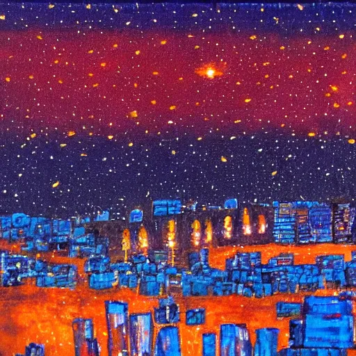 Image similar to night scene of a city. The darkness of the night is illuminated by artificial lighting. The sky is painted with cobalt blue, and shimmers with the light of stars.