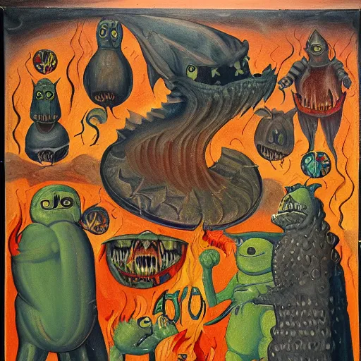 Image similar to medieval bestiary of repressed emotion monsters and creatures starting a fiery revolution in the psyche, surreal oil on canvas