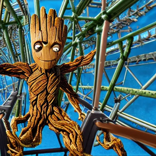Image similar to groot on a roller coaster