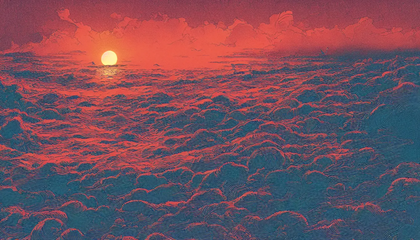 Prompt: sun setting over the horizon on a beach, chinese ink brush, yukio - e, kilian eng, victo ngai, josan gonzalez