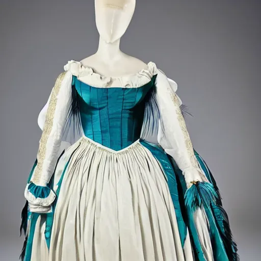 Image similar to the decorative detail of padded satin rouleaux are applied lavishly to this 1 8 2 0 s blue and green gauze dress. the feather pattern is an ethereal choice in gauze, overlaid with the couched loops of ivory silk.