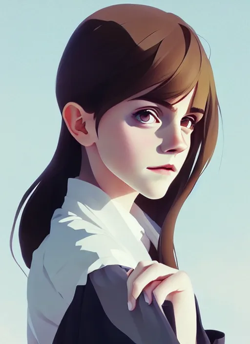 Image similar to portrait of a emma watson by ilya kuvshinov, cloudy sky background lush landscape illustration concept art anime key visual trending pixiv fanbox by wlop and greg rutkowski and makoto shinkai and studio ghibli