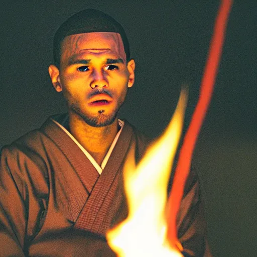 Image similar to cinematic film still of Chris Brown starring as a Japanese Sensei with fire, Japanese CGI, VFX, 2003, 40mm lens, shallow depth of field, film photography