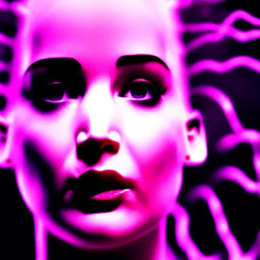 Prompt: jennifer lawrence as the bride of frankenstein, macro photography, glowing retinas, vaporwave