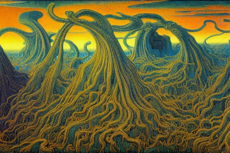 Image similar to lovecraftian landscape, another world by Jean Delville