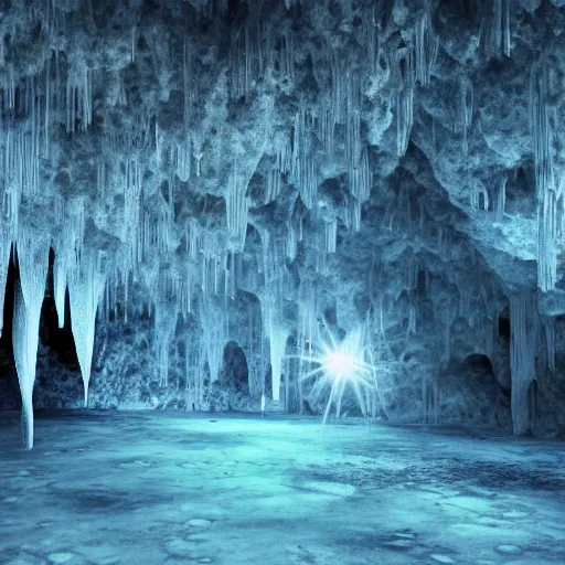 Prompt: large open chamber in a cave with crystalline stalactites and stalagmites, photorealistic,