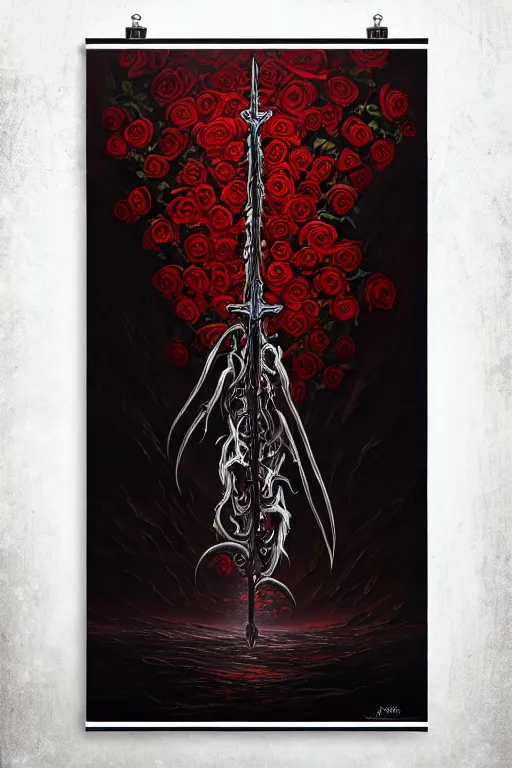 Image similar to poster style, a beautiful and terrifying painting with high details of a panoramic view of a reaper holding a long sickle, with red fluid white roses in the foreground, movie atmosphere, movie lights, 8 k, light effect, rtx on, trending on artstation, by kilian eng, lee madgwick, bastien lecouffe - deharme