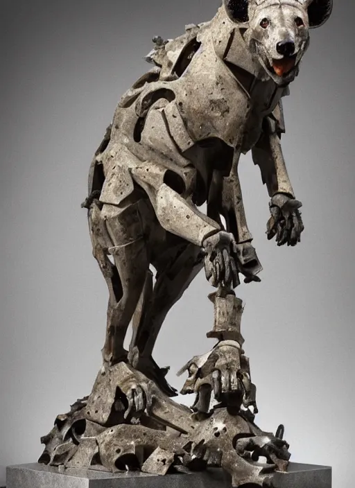 Image similar to a polished texturized granite statue of a cyber - mech hyena standing over a pile of bones, sculpted by bernini, ultrarealistic