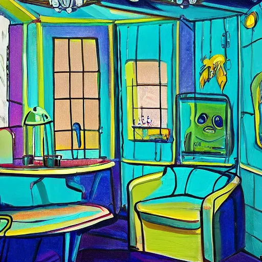 Prompt: painting of an alien house interior, cosy