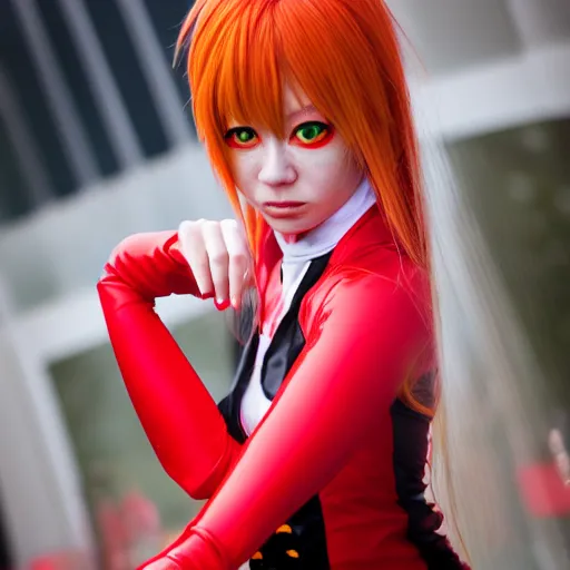 Prompt: A Asuka Langley Sohryu Cosplayer, EOS-1D, f/1.4, ISO 200, 1/160s, 8K, RAW, unedited, symmetrical balance, in-frame