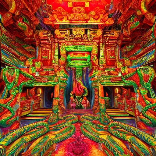 Image similar to Photorealistic inside a temple made of snakes. Hyperdetailed photorealism, 108 megapixels, amazing depth, glowing rich colors, powerful imagery, psychedelic Overtones