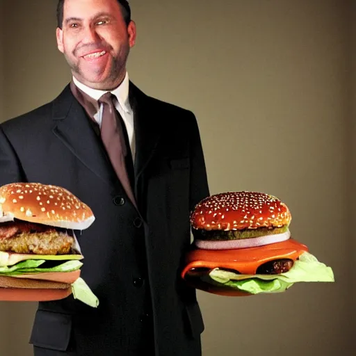 Image similar to full length shot : : clean - shaven smiling white chubby italian american man in his 4 0 s wearing a long brown overcoat and necktie and black shoes shoes shoes holding a burger burger burger, 2 0 0 6 advertising promo shot