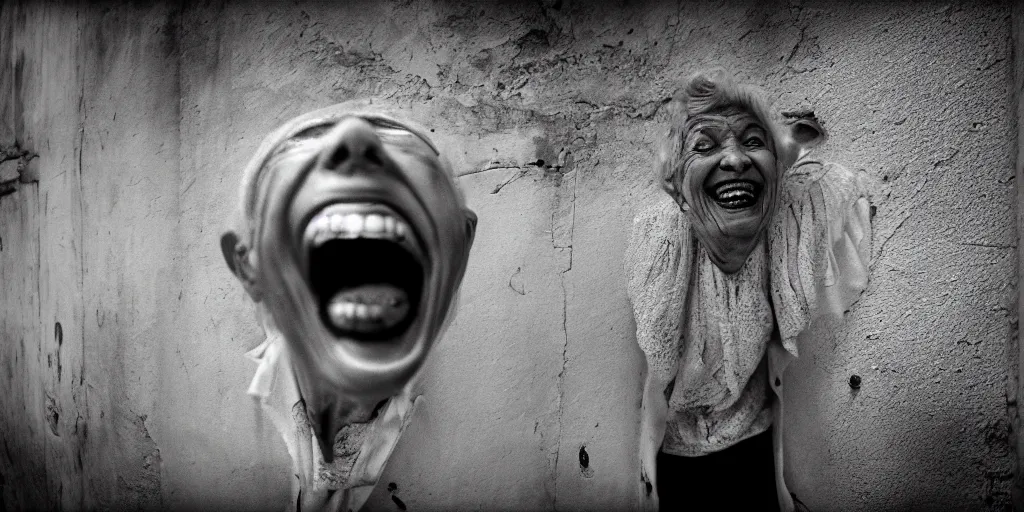 Prompt: evil old lady laughing in an abandoned prison, security camera, black and white, real