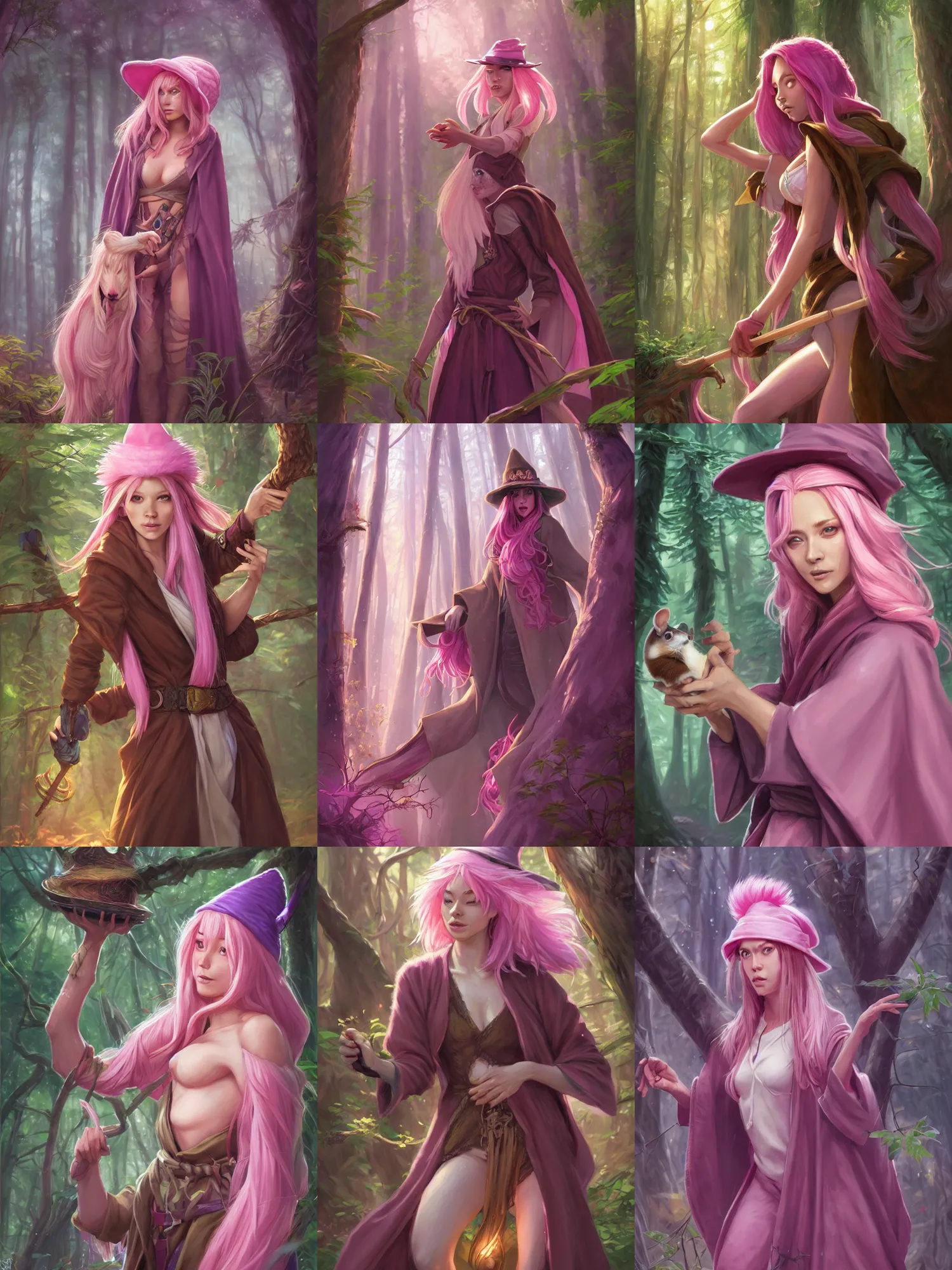 Prompt: picture of female wizard in the forest, ferret inspired robes and hat, pink hair, brown skin, energetic, gorgeous, high fantasy, highly detailed, detailed faces, smooth, sharp focus, chiaroscuro, digital painting, concept art, rossdraws and moebius and jon mcnaughton