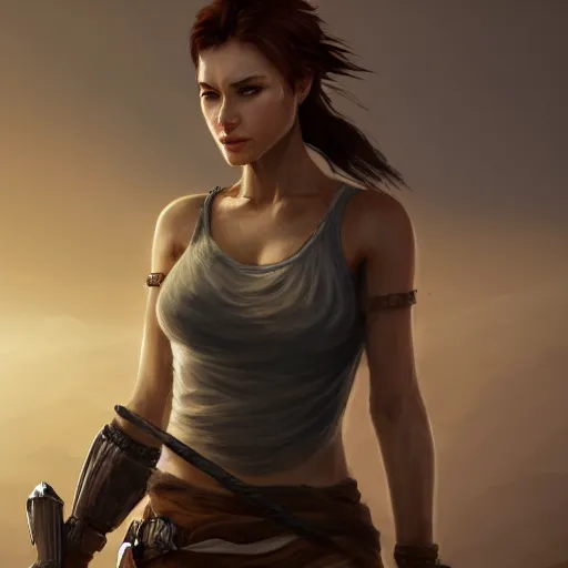 Prompt: fantasy concept art, wide angle, young woman, front facing, auburn hair, athletic, slavic features, clean face, serious demeanor, tomb raider, desert background, in the style of ruan jia, high detail, uplit, 8 k