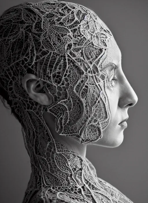 Image similar to a woman's face in profile, made of intricate decorative lace leaf skeleton, in the style of the dutch masters and gregory crewdson, dark and moody