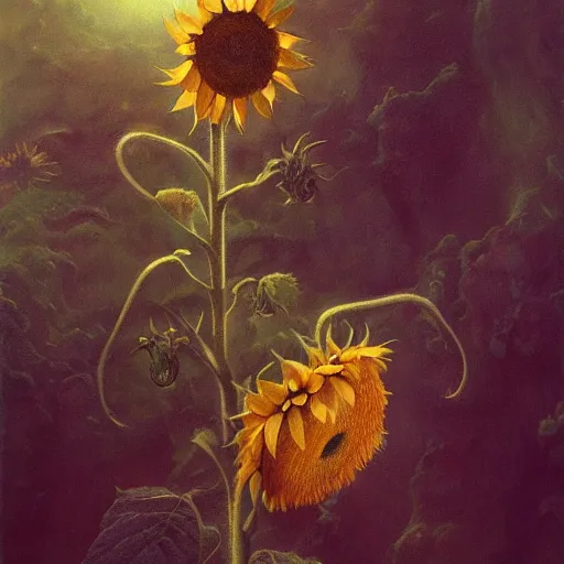 Image similar to a sunflower | highly detailed oil painting, hyperrealistic, very intrincate | cinematic lighting, award - winning | by rachel ruysch, giger, beksinski and bocklin | by austin osman spare and william blake, trending on artstation, cgsociety, official art, octane.