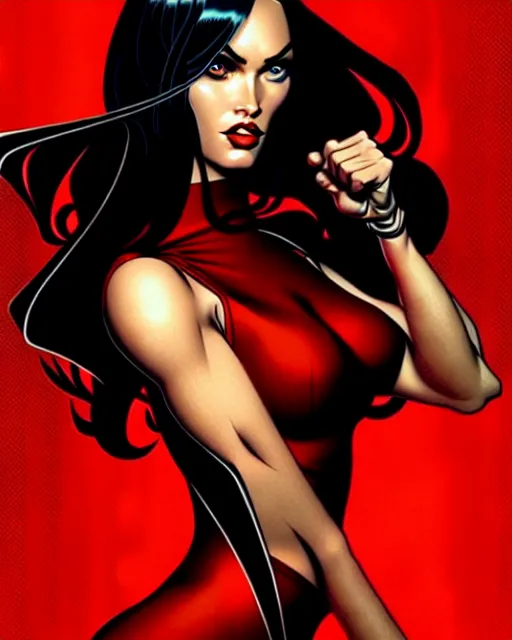 Image similar to artgerm, joshua middleton comic cover art, full body pretty megan fox holding a shotgun, red dress, symmetrical eyes, symmetrical face, long curly black hair, dark city background, cinematic lighting