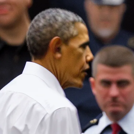 Prompt: blurry still of obama being arrested, grain