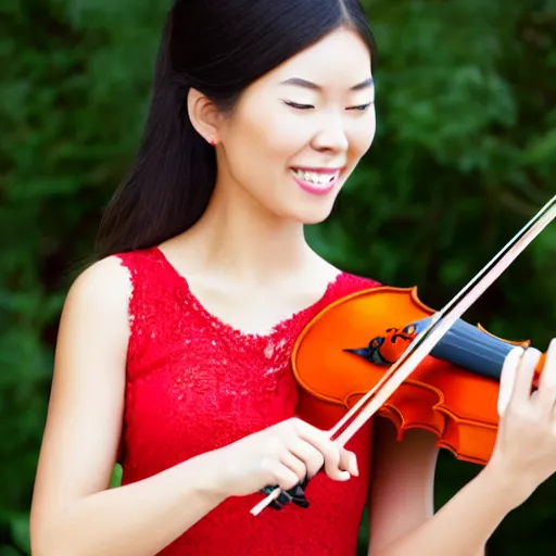 Image similar to cute asian girl playing the violin, focused, highly detailed, red dress
