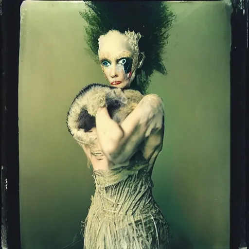 Image similar to damaged kodak portra 4 0 0, wetplate, photo of a surreal artsy dream scene,, very beautiful model, weird fashion, grotesque, extravagant dress, strange pose, carneval, with an animal, wtf, photographed by paolo roversi style