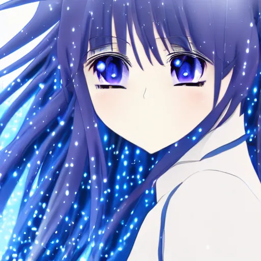 Image similar to key anime visual of a girl with glowing blue eyes; rain falling; close up shot; trending on Pixiv