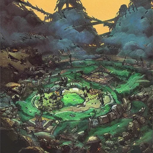 Prompt: “a battlefield, with knights and mages, fantasy, art by studio ghibli”