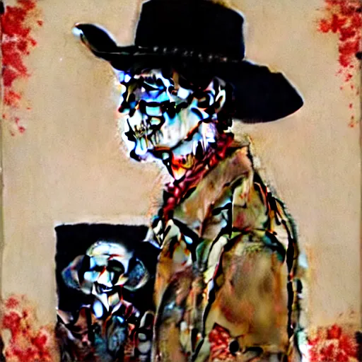 Image similar to in the style Norman Rockwell and Joshua Middleton, mila kunis, skull paint, dia de Los muertos, trenchcoat, day of the dead, full body, smiling, cowboy hat