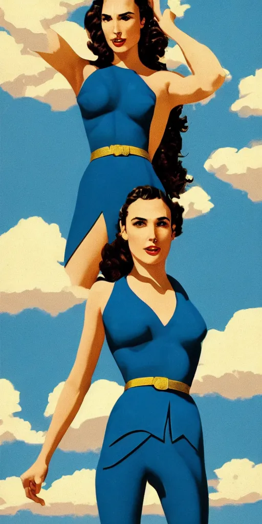 Image similar to full body portrait of gal gadot in the style of bill medcalf, blue sky with a few clouds, retro, 1 9 5 0, 4 k, detailed, headroom, rule of thirds